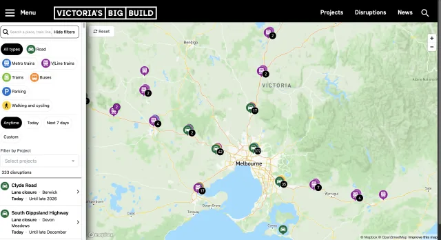 Victoria’s Big Build disruptions map with transport filters, disruption listings and clustered map symbols.