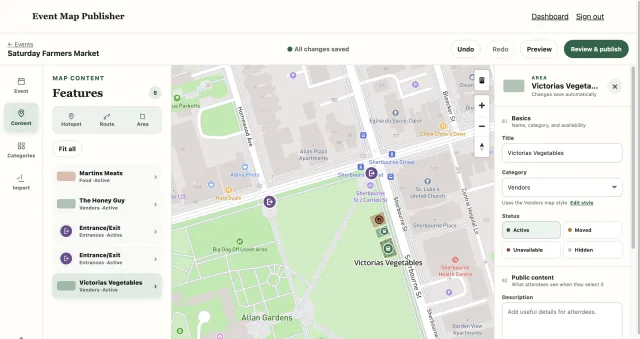 Event Map Publisher editor showing market locations, routes and a selected vendor area.