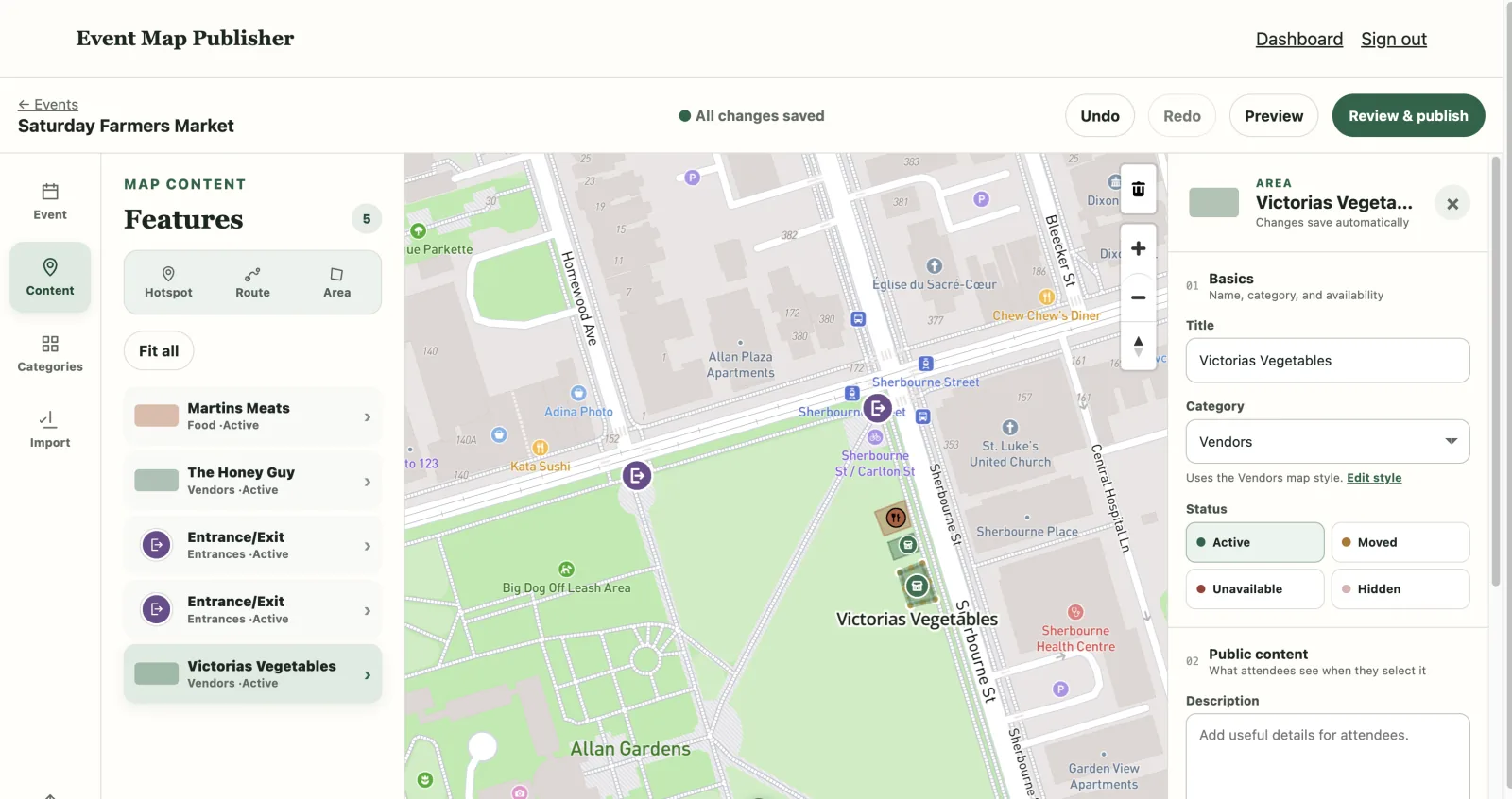 Event Map Publisher editor showing market locations, routes and a selected vendor area.