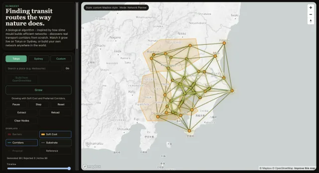 Slimenet simulation showing connections around Tokyo, with barriers and preferred-route controls.